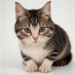 Adorable Tabby Cat Sitting on White Background