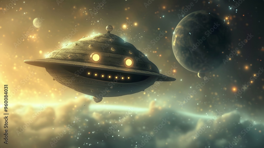 Poster a smiling alien spaceship hovering over a tiny planet ai generated illustration
