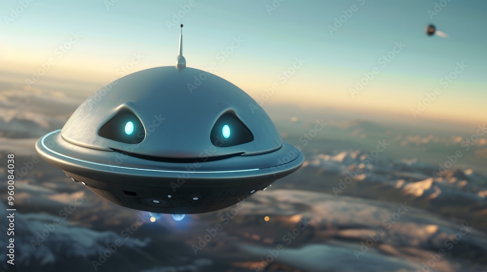 Poster a smiling alien spaceship hovering over a tiny planet ai generated illustration