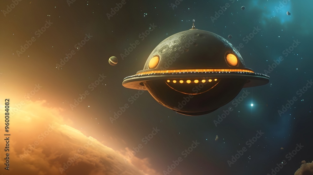 Poster a smiling alien spaceship hovering over a tiny planet ai generated illustration