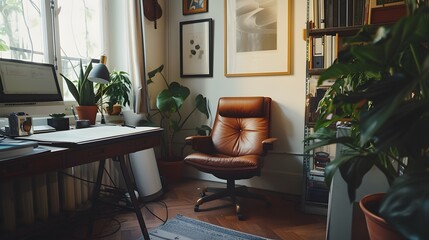 Fototapeta premium A small warm study corner with a minimalist drafting table and a cozy leather chair AI generated illustration