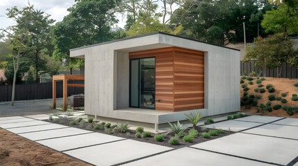 A modern ranch-style minimalist cubic house with a garage and landscaping design in the front yard. Wooden cladding and white walls. The landscaping includes a small garden and a few trees.