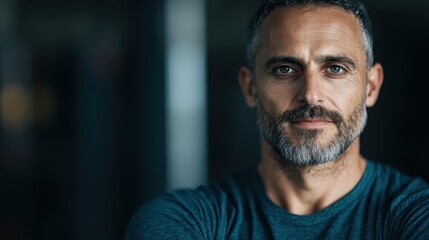 Fototapeta premium A portrait of a man with a salt and pepper beard, dressed in a teal casual shirt, confidently looking at the camera, captured indoors with a modern and simplistic background.