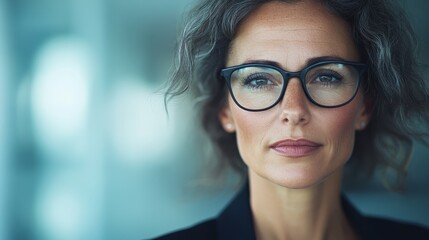 A professional woman with glasses stands in an office environment, exuding focus and determination. Her sharp look highlights her dedication and seriousness towards her work.