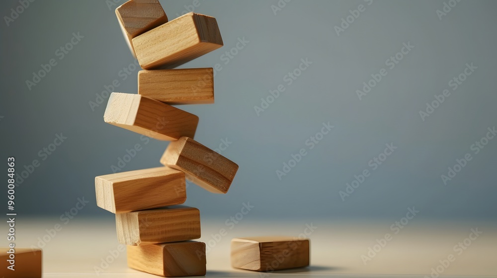 Poster a tower of blocks balancing precariously with the top block about to topple ai generated illustratio