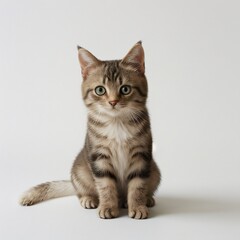 Adorable Tabby Cat Sitting on White Background