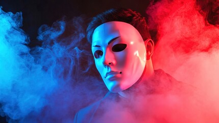 Mysterious Man Wearing White Plastic Mask Poses in Colorful Smoke