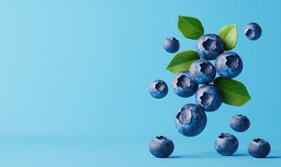 Fototapeta premium Fresh blueberries with green leaves on a vibrant blue background, perfect for promoting health and wellness.