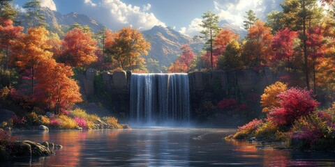 Fototapeta premium Autumn Waterfall in Mountainous Forest Landscape