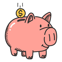 Piggy bank doodle icon vector isolated. Funny and cute pig, life savings. Coin falling in piggy bank. Concept of investment and financial economy.