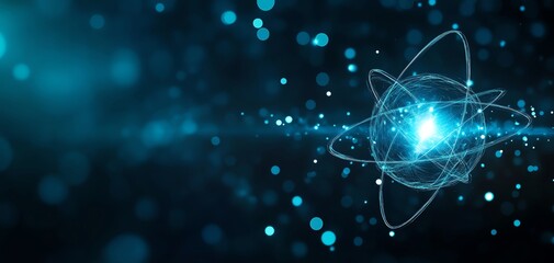 A mesmerizing depiction of an atom with glowing elements, illustrating the beauty of science and atomic energy in blue tones.