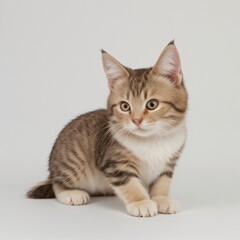 Adorable Tabby Cat Sitting on White Background