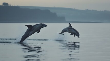 Fototapeta premium Adorable dolphins leaping out of a calm sea AI generated illustration
