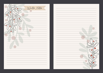 Christmas notebook page template set vectors, organic line art layout illustration vectors