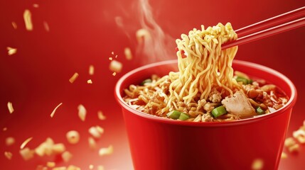 Red Cup of Steaming Ramen Noodles With Chopsticks, Meat, Green Onions, and a Red Background