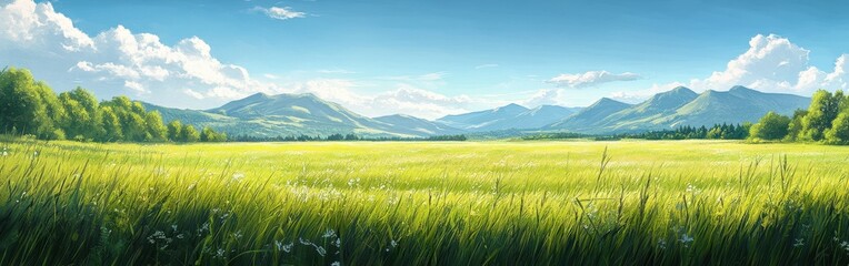 Fototapeta premium Serene Watercolor Landscape of Green Grasslands and Distant Hills