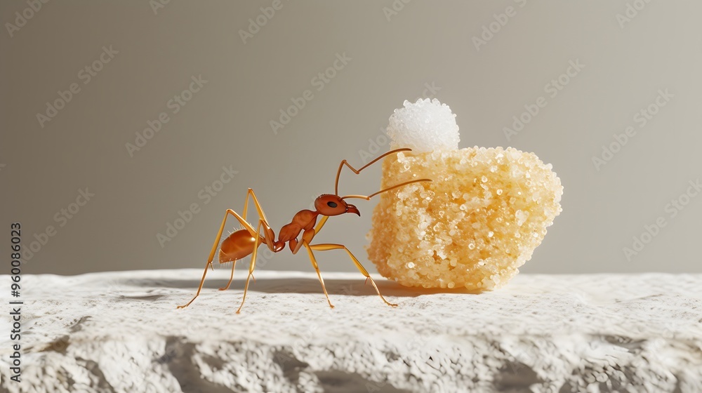 Poster an ant carrying a grain of sugar in a stark empty setting ai generated illustration