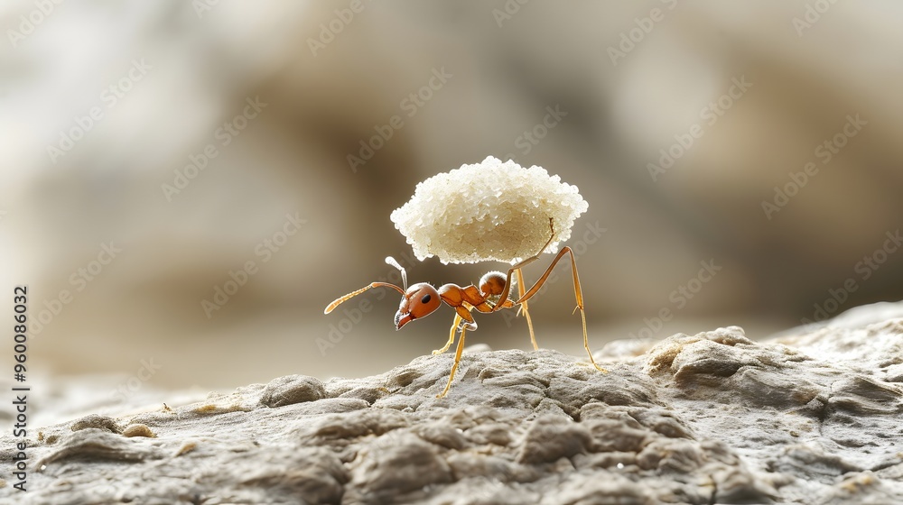 Aufkleber an ant carrying a grain of sugar in a stark empty setting ai generated illustration