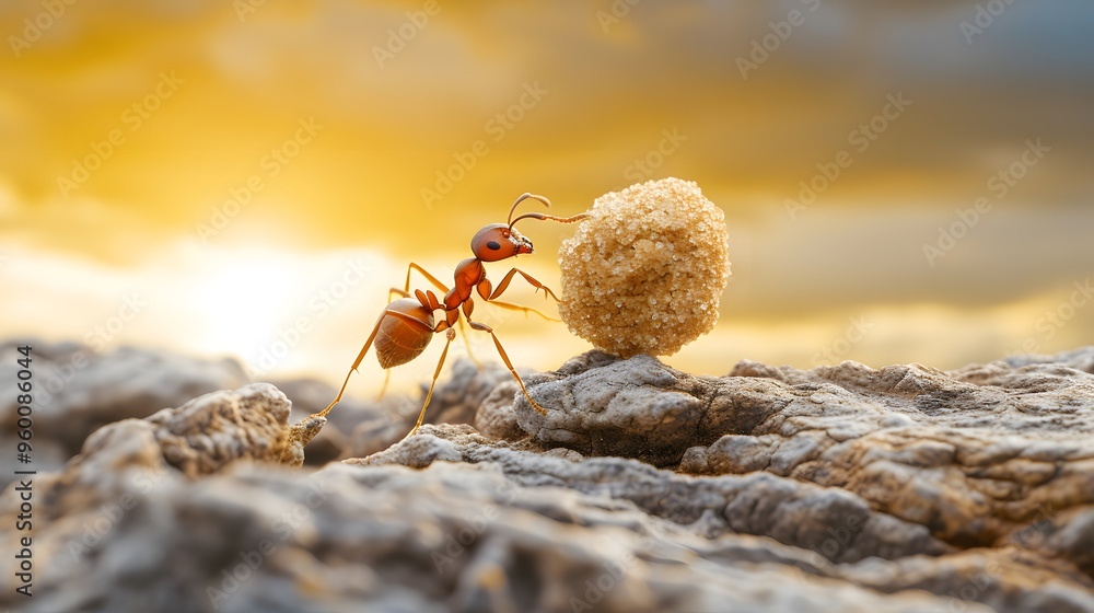 Poster an ant carrying a grain of sugar in a stark empty setting ai generated illustration