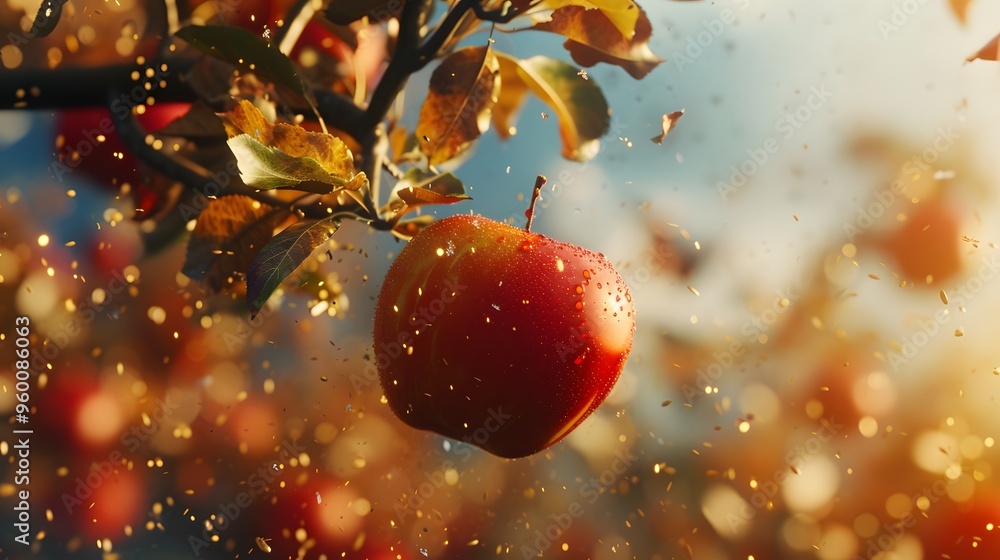 Poster an apple falling from a tree in slow motion with vivid colors ai generated illustration