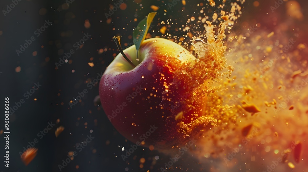 Poster an apple falling from a tree in slow motion with vivid colors ai generated illustration