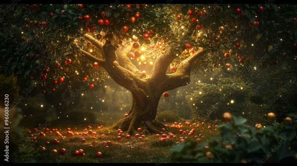 Poster a magical scene of an apple tree glowing with enchanting light in the twilight. the fallen apples an