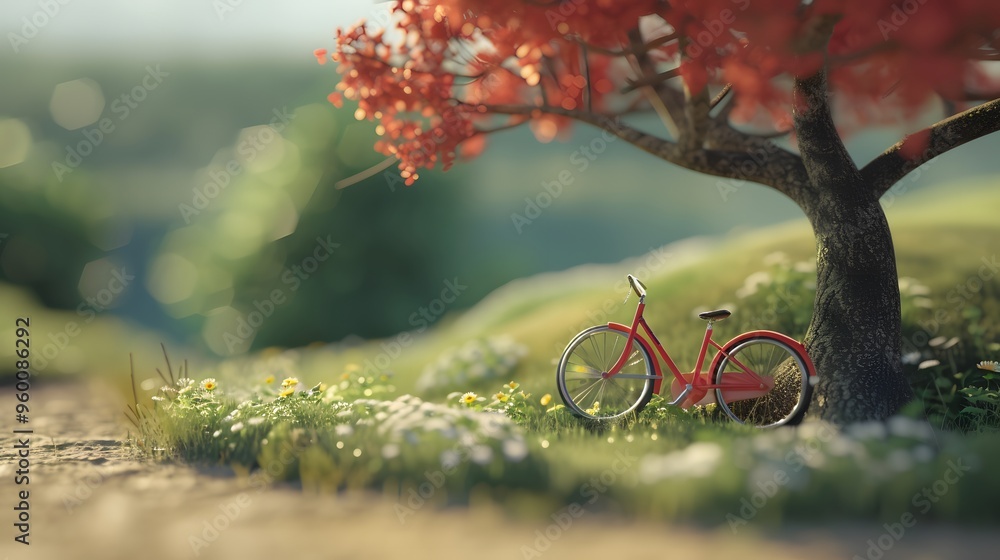 Poster an endearing d model of a tiny bicycle leaning against a simple tree ai generated illustration
