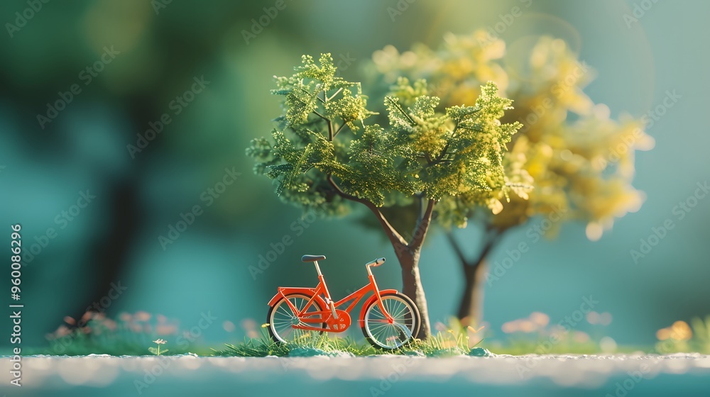 Aufkleber an endearing d model of a tiny bicycle leaning against a simple tree ai generated illustration