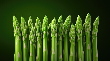 Fresh green asparagus arranged in a row, showcasing its vibrant color and natural texture against a dark background.