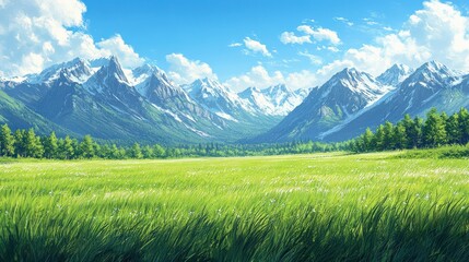 Fototapeta premium Serene Watercolor Landscape of Green Grasslands and Distant Hills