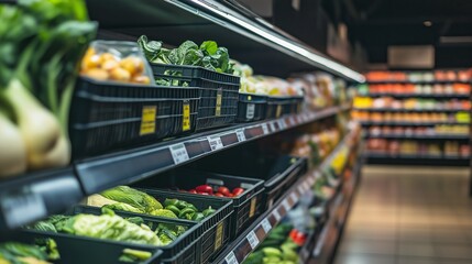 Grocery store shelf in a food desert shows lack of healthy food options and empty produce section