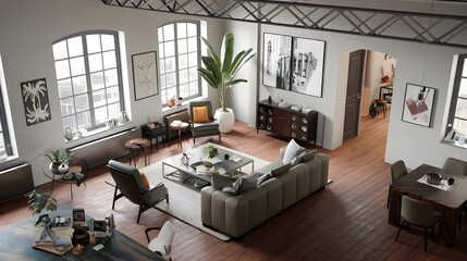 A panoramic view of a loft apartment's interior living room. The room has a high ceiling and is filled with modern furniture, including a sofa, a coffee table and a few chairs. 