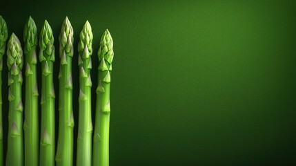 Fresh green asparagus stalks arranged neatly against a vibrant green background, perfect for healthy cooking and lifestyle themes.