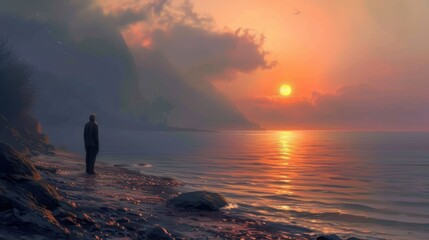 A solitary person stands on a rocky beach at sunset, gazing at the sun as it sets over the water. The tranquil scene with warm colors and serene atmosphere evokes feelings of peace and contemplation