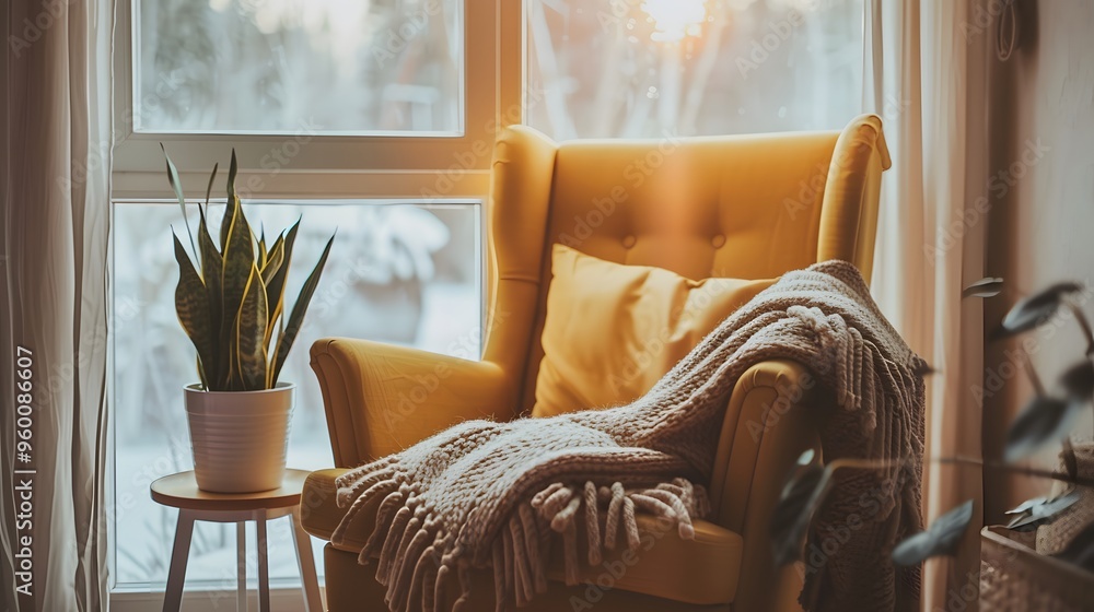 Poster an inviting soft chair with a throw blanket near a minimalist window ai generated illustration