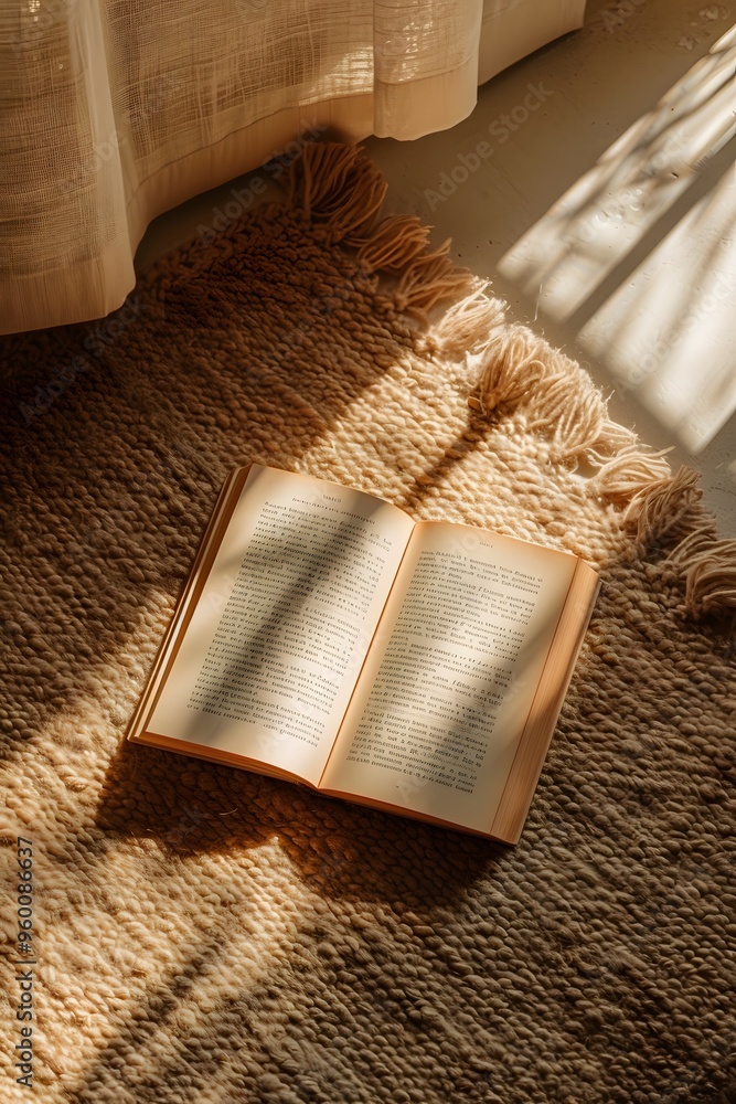 Poster an open book lying on a minimalistic warm-colored rug ai generated illustration