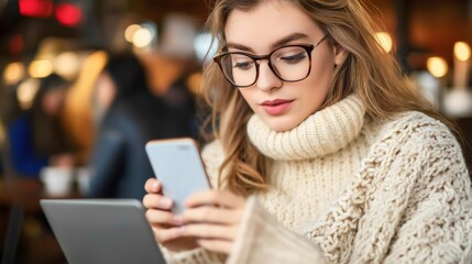 Young woman sets up two-factor authentication in a cozy coffee shop while securing her personal data