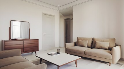 A modern living room interior. There is a beige sofa with two cushions and a white coffee table in the middle of the room. A wooden dresser with a mirror.
