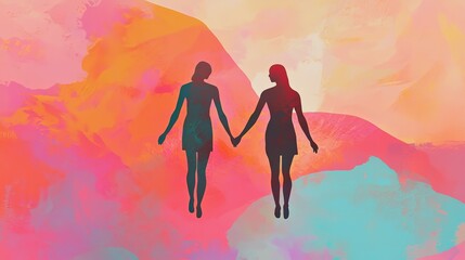 Fototapeta premium Two Silhouettes of Women Holding Hands Against a Colorful Abstract Background, Representing Connection, Love, and Support in a Relationship.