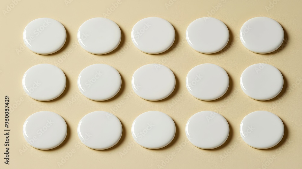 Poster white round buttons arranged in rows on beige background