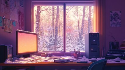 Lofi Empty Interior with Desk Window Snow Snowy Forest Jungle Purple Pink Orange Color - Anime Manga Style
