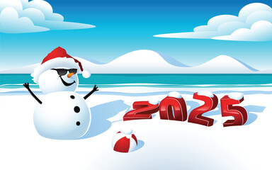 Cheerful snowman wearing sunglasses and a Santa hat, standing next to large red "2025" numbers in the snow. A beach ball sits in the snow, and the scene includes snowy hills, water, and a bright sky.