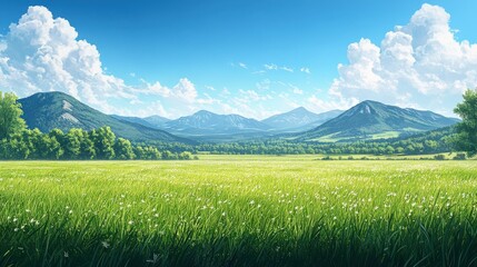 Obraz premium Serene Watercolor Landscape of Green Grasslands and Distant Hills