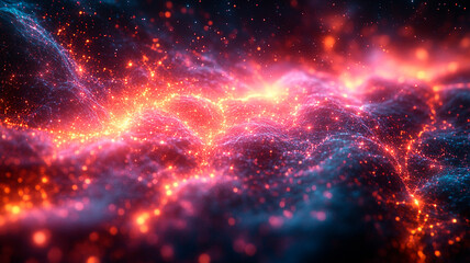 Fototapeta premium Una red resplandeciente de líneas y nodos brillantes de color neón flotando en un espacio oscuro y abstracto, que representa las vastas redes de la tecnología y la comunicación. 