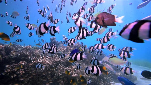Scuba diving with coral reef fish schooling above healthy coral reef in the south Pacific