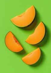 Fresh melon slices on a vibrant green backdrop, showcasing juicy orange flesh and healthy summer refreshment.