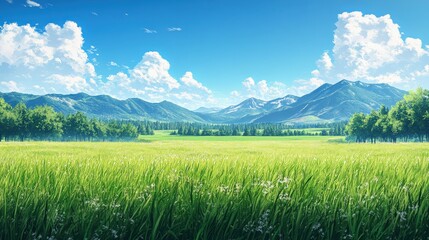 Obraz premium Serene Watercolor Landscape of Green Grasslands and Distant Hills