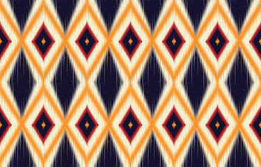 Colorful ikat diamond pattern. Seamless ethnic print with vibrant orange and navy. Trendy geometric tribal texture for fabric. Abstract bohemian background. Modern ikat design for stylish decor.