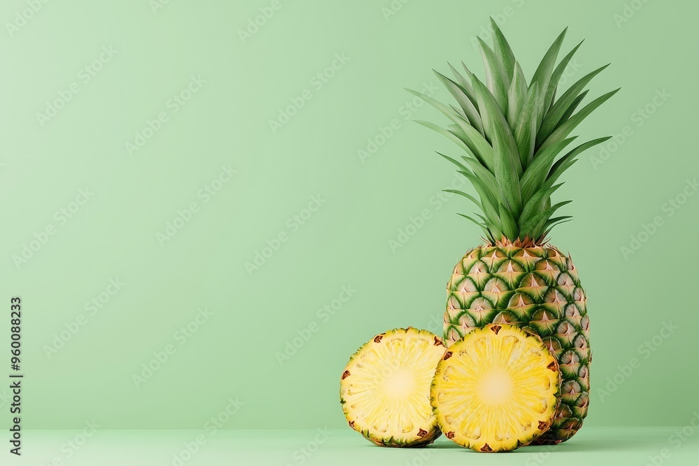 Wall mural Fresh pineapple with vibrant green background, showcasing juicy slices. Ideal for healthy food and tropical themes.