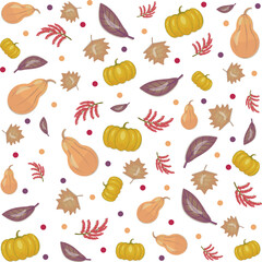 Seamless autumn pattern with orange and yellow pumpkins, leaves, berries and dots of different colors